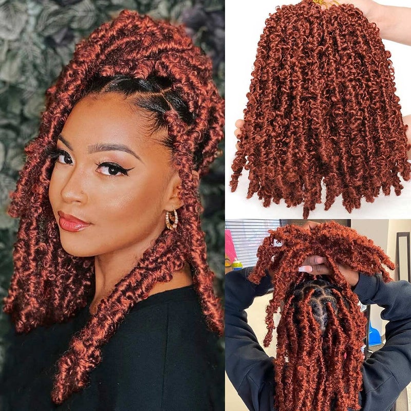 Beverlee 6 Packs Copper Red Bob Distressed Butterfly Locs Crochet Hair Prelooped Messy Butterfly Twist Locs Hair 12 Inch Short Knotless Butterfly Braids Locs Hair for Women 350